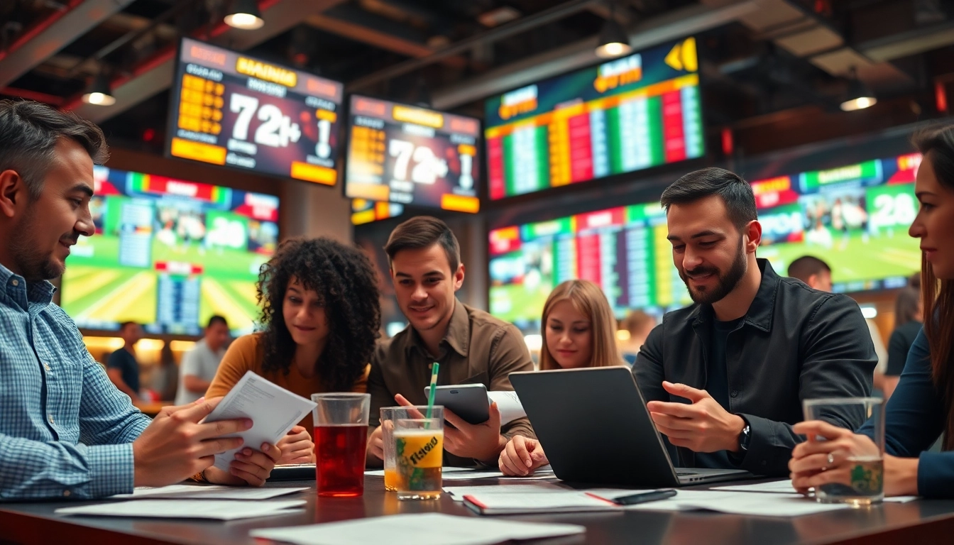 Engaged bettors enjoying online betting at a lively sports event with dynamic atmosphere.