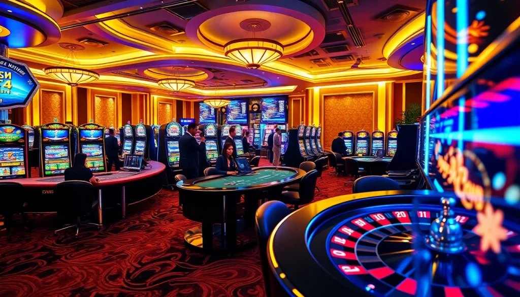 Players enjoying the thrilling games at OKFUN's luxurious casino, showcasing vibrant slot machines and poker action.