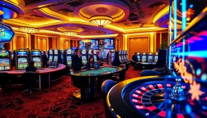 Players enjoying the thrilling games at OKFUN's luxurious casino, showcasing vibrant slot machines and poker action.