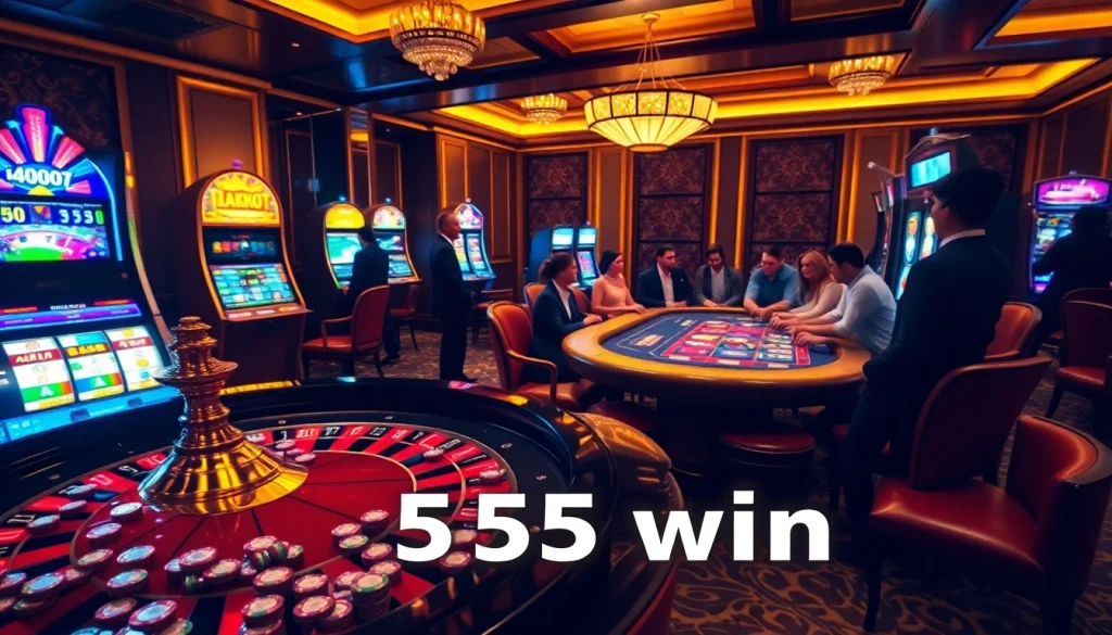 Experience the thrill of 555 win with vibrant casino games and excited players at the tables.