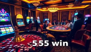 Experience the thrill of 555 win with vibrant casino games and excited players at the tables.