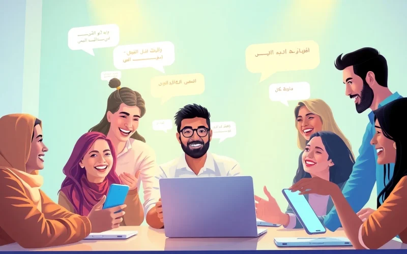 مشهد تفاعلي لشات دردشتي يعرض المستخدمين يتواصلون عبر الدردشة على أجهزة متعددة.