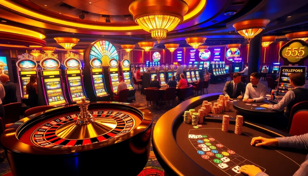 Players enjoying thrilling games at 555win casino, featuring slot machines and poker tables.