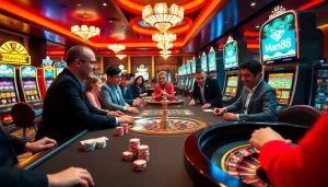 Exciting casino scene with poker chips and roulette wheel, featuring the keyword Man88 prominently.