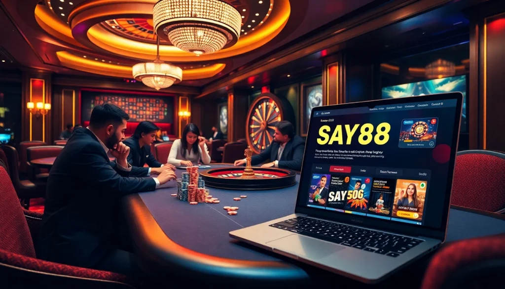 An engaging poker game at SAY88 nhà cái with colorful chips and a thrilling atmosphere.
