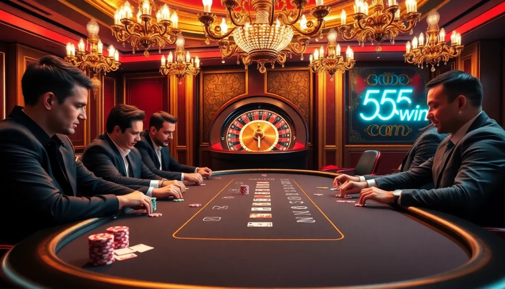 Engage in thrilling poker gameplay at 555win com, where intense focus meets opulent casino vibes.