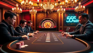 Engage in thrilling poker gameplay at 555win com, where intense focus meets opulent casino vibes.