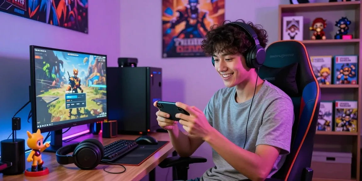 Engaged player using Raja Game login on smartphone, surrounded by gaming accessories in vibrant home setup.